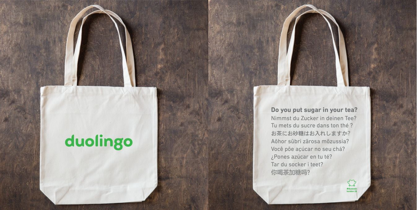 Duocon 2019 tote bag design, front and back