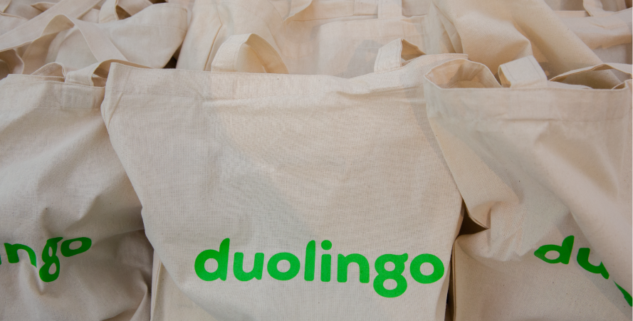 Close-up of Duolingo totes