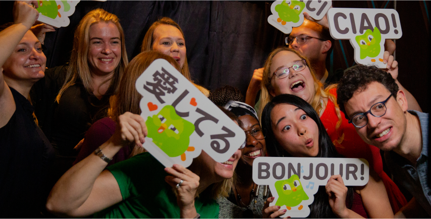 Group photo booth shot with Duolingo staff
