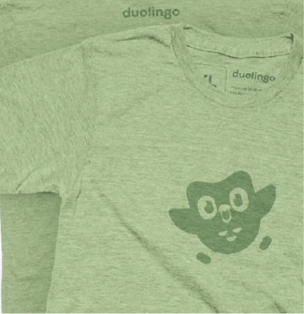 Close-up of green Duolingo t-shirts