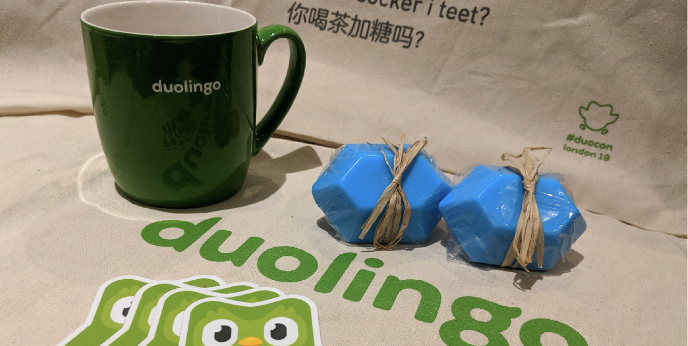 Duocon tote bags, mug, gem soaps, and Duo stickers