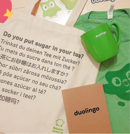 Duocon tote, mug, t-shirt, stickers, and notebook