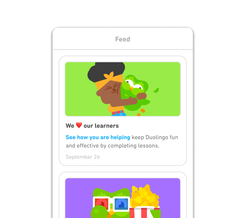 The Duolingo News Feed on a phone