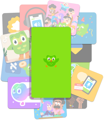 Duo the owl on a green background with other Duolingo features and products