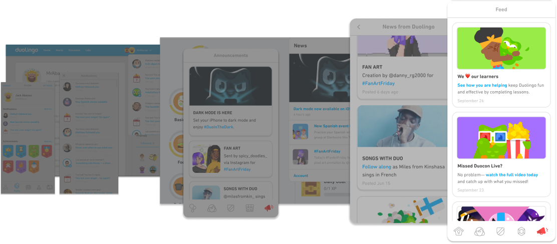 Evolution of the feature, from web inbox to app news feed