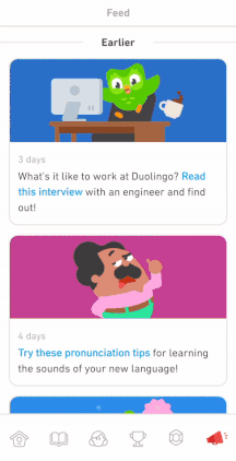 Animation of the initial Duolingo News Feed MVP, scrolling