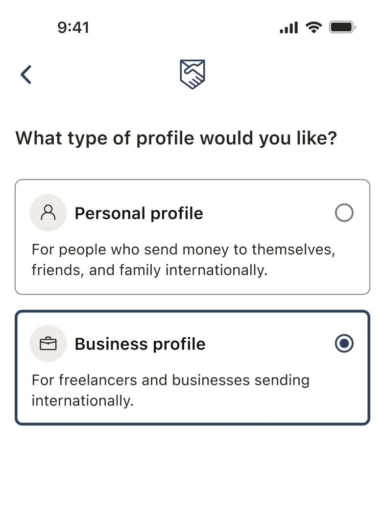 Remitly profile type screen: personal or business