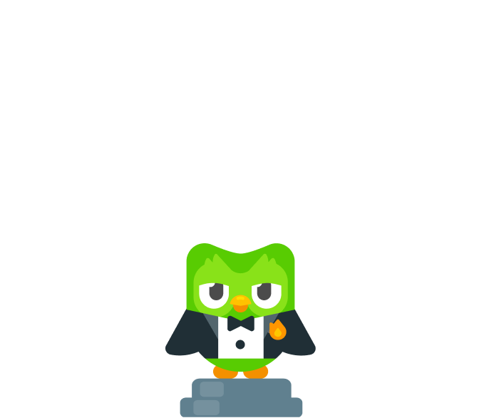 Duo the Duolingo owl in a tux, on a podium, under two spotlights, wearing a flame lapel pin