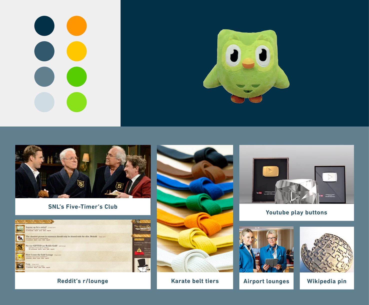 Mood board showing color palette, Duo plushie, and inspiration images including SNL Five-Timers Club, airport lounges, karate belts, and a Wikipedia pin