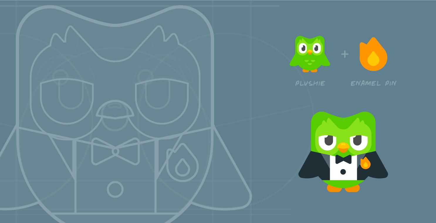 Duo and enamel pin combination sketch, imagining a plushie wearing a tux and flame pin