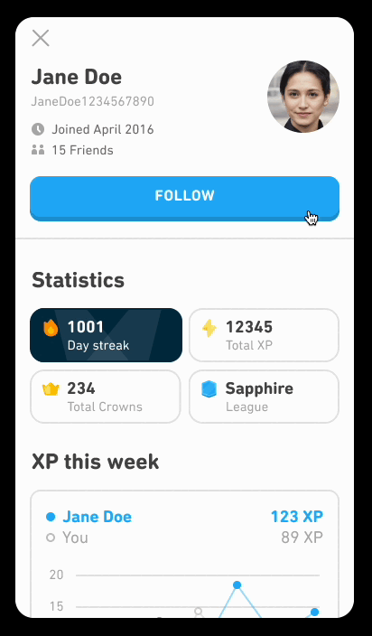 Animation showing a pop-up when tapping on the profile flame